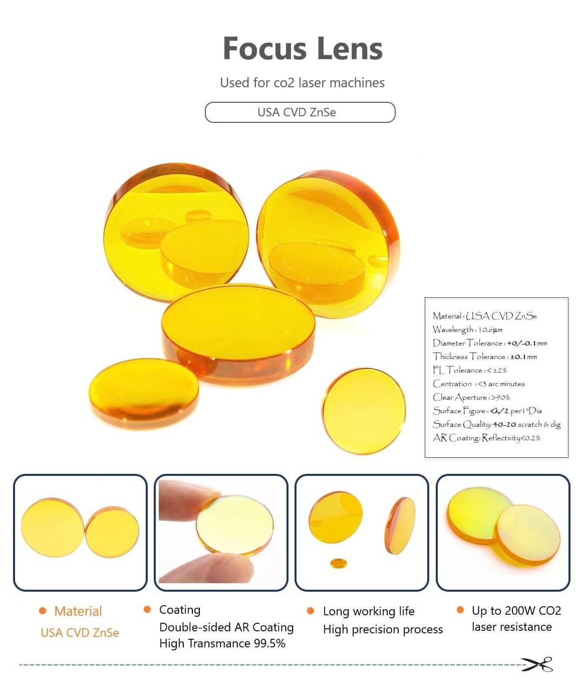 CO2 focus lens with USA ZnSe material, which has the advantages of long service life and resistance to high power