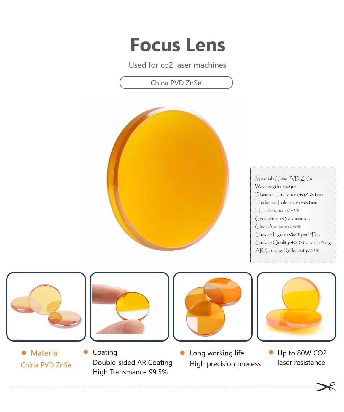 CO2 focus lens with China PVD ZnSe material, Up to 80W CO2 laser resistance